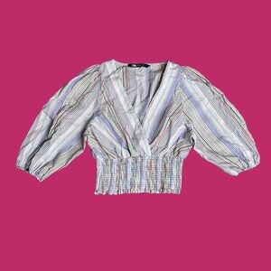 NEW Zara Women’s Multicolor Striped Puff Sleeve Smocked Crop Top Sz XS
